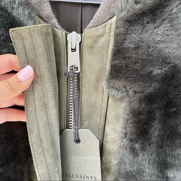 Allsaints Finch Bomber Shearling Jacket Green Sz 0 - Picture 6 of 8